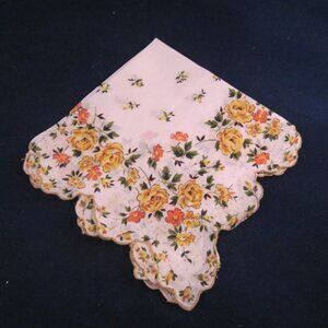 Vintage Handkerchief Scalloped Edge with Orange and Yellow Flowers hanky